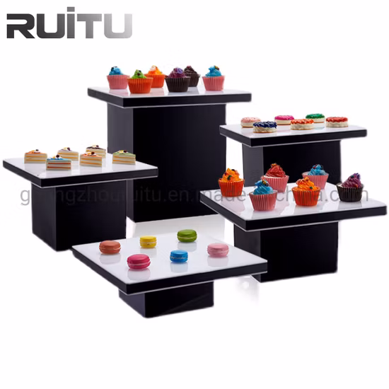 Espositori per buffet dell'hotel 3 livelli Espositore decorativo per cupcake dolci Quadrato per feste Matrimonio Tubo in acrilico Piatti bianchi Alzata per torta per buffet in acciaio inossidabile